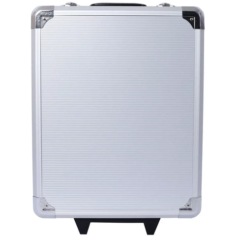 Front view of a closed silver rolling toolbox case from the 899-Piece All-In-One Home Repair Tool Set With Rolling Toolbox Case And Four Drawers.