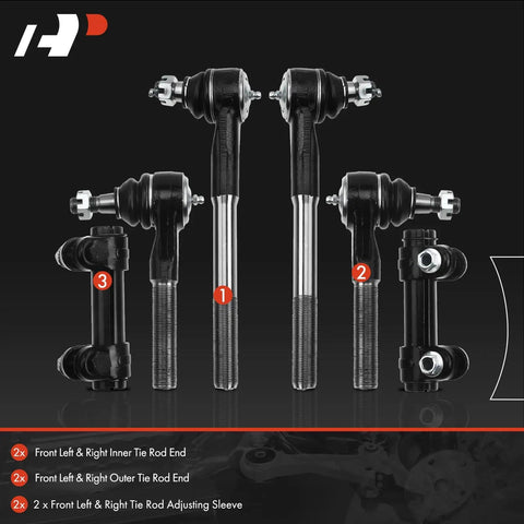 Front Tie Rod End Replacement Kit for Dodge Ram 1500 2000 2001 2500 2000 to 2002 and 3500 2000 to 2002 RWD, Includes Inner and Outer Ends, Fixes Uneven Tire Wear and Steering Play. Black steel tie rod ends and adjusting sleeves, 6-piece set