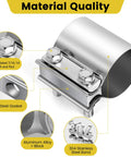 1.75 Inch Stainless Steel Exhaust Band Clamp For Butt Joint Piping No Weld Easy DIY Install 304 Stainless Steel Band 7 16 14 Bolt And Nut Kit Fits 1.75 Inch OD Exhaust Pipe Muffler And Catalytic Converter showcasing zinc-plated bolts and material quality details.