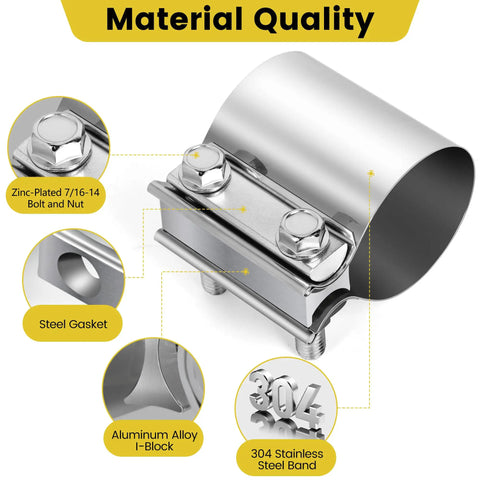 1.75 Inch Stainless Steel Exhaust Band Clamp For Butt Joint Piping No Weld Easy DIY Install 304 Stainless Steel Band 7 16 14 Bolt And Nut Kit Fits 1.75 Inch OD Exhaust Pipe Muffler And Catalytic Converter showcasing zinc-plated bolts and material quality details.