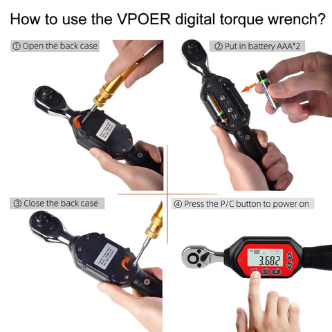 Step-by-step guide for using the Digital Torque Wrench 1/4 Drive with buzzer and LED, showing battery installation and power on.