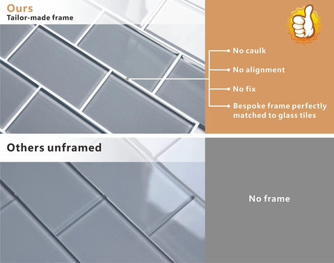 Comparison of framed and unframed glass peel and stick subway tile backsplash for kitchen self adhesive, easy install 5 sheets, 5 sq ft.