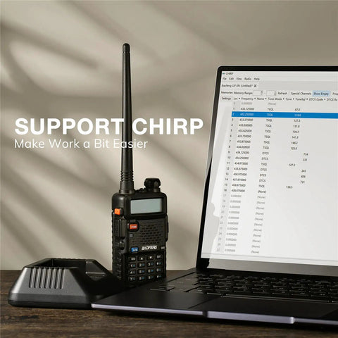 Six Pack GT5R Ham Radios Handheld Dual Band Two Way Radios FCC Compliant with laptop showing CHIRP support