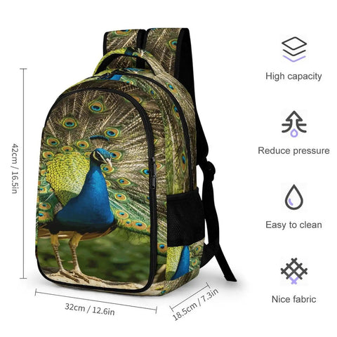 Go To Everyday Carry Unisex Peacock Print Backpack With Full Tail Spread Design, showcasing large capacity and zipper closure