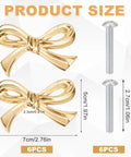 Bow Shape Cabinet Knobs Set Of 6 Brass Vintage Gold Finish Drawer Pulls For Dresser Kitchen Cupboard Wardrobe Decor Bow Hardware With Screws And Easy Install shown with product size dimensions and screws.