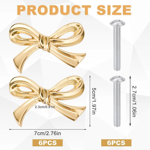 Bow Shape Cabinet Knobs Set Of 6 Brass Vintage Gold Finish Drawer Pulls For Dresser Kitchen Cupboard Wardrobe Decor Bow Hardware With Screws And Easy Install shown with product size dimensions and screws.
