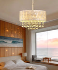 Showstopping Four Lights Drum Crystal Shade Black Chandelier Pendant Light For Kitchen Island Dining Room Living Room