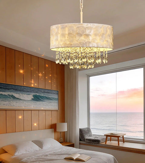 Showstopping Four Lights Drum Crystal Shade Black Chandelier Pendant Light For Kitchen Island Dining Room Living Room