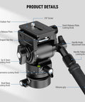 Heavy Duty Fluid Video Head With Adjustable Leveling Base And Arca Type Quick Release Plate Telescopic Grip details showing knobs and silicone grip.