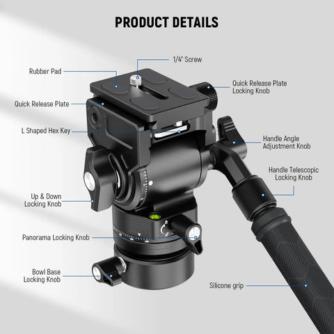Heavy Duty Fluid Video Head With Adjustable Leveling Base And Arca Type Quick Release Plate Telescopic Grip details showing knobs and silicone grip.