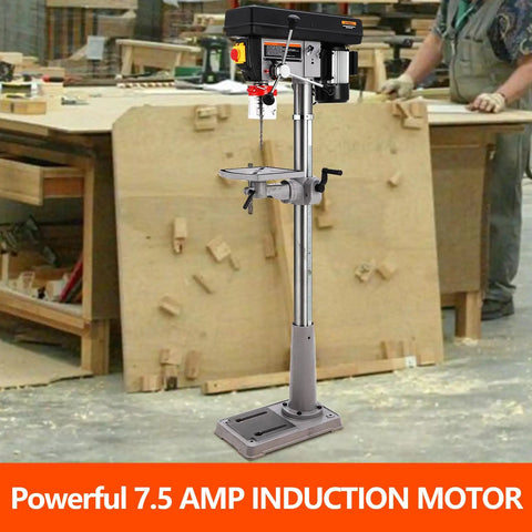Heavy Duty Floor Drill Press With Genuine Copper Motor in workshop, sturdy cast iron base, 7.5 AMP motor, designed for wood and metal.