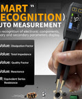 Digital SMD Tweezers ESR Meter Handheld Multimeter displaying auto measurement, held above electronic components.