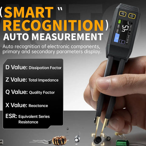Digital SMD Tweezers ESR Meter Handheld Multimeter displaying auto measurement, held above electronic components.
