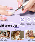 Close-up of a silver nail drill with a white ceramic cone bit (3/32 in) used on pink manicured nails.