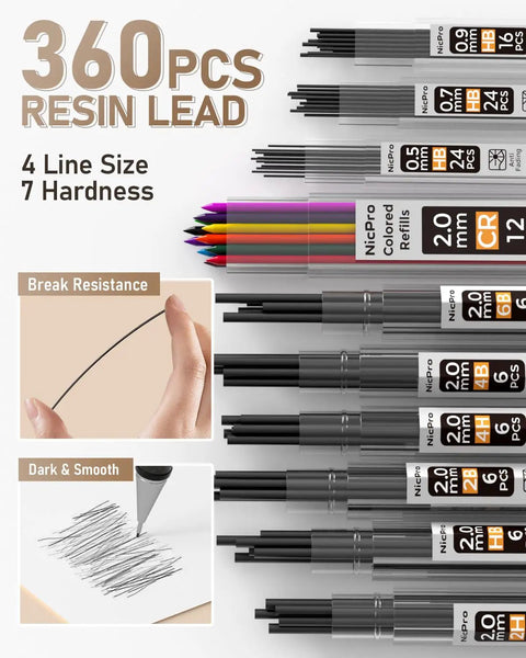 Pro Grade Art Mechanical Pencil Set For Artists with 360 pcs in 4 line sizes and 7 hardness options, break resistance and smooth finish.