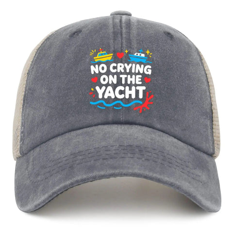 Dope Everyday Trucker Cap For Men With Adjustable Strap One Size Fits Most, featuring 'No Crying on the Yacht' graphic.
