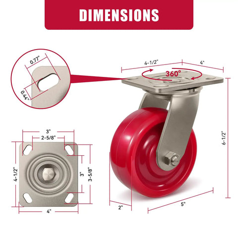 Heavy Duty Industrial Casters With Tough As Nails Solid Polyurethane Wheels And Rust Proof Stainless Steel Brackets detailed dimensions guide