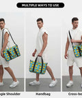 Laptop Tote Bag For Women Work Weekender With Dope Cool Duck Sunglasses Print Travel Duffle For Men Personal Item Crossbody Carry On Bag That Keeps Your Gear Organized On The Go displayed in three carrying styles: single shoulder, handbag, and cross-body.