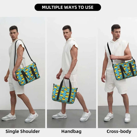 Laptop Tote Bag For Women Work Weekender With Dope Cool Duck Sunglasses Print Travel Duffle For Men Personal Item Crossbody Carry On Bag That Keeps Your Gear Organized On The Go displayed in three carrying styles: single shoulder, handbag, and cross-body.
