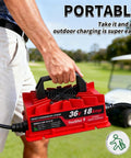 Person holding a Heavy Duty 43.8V 18A LiFePO4 Battery Charger IP65 Waterproof For 36V Systems near golf cart outdoors.