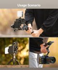Bangin Universal Phone Holder Mount With Cold Shoe And Quick Release Clamp demonstrating versatile usage for vlogging with tripod.