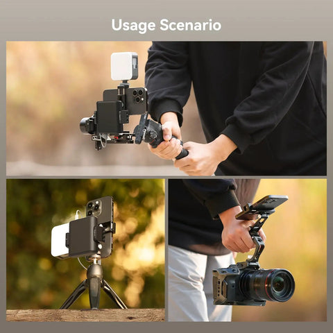 Bangin Universal Phone Holder Mount With Cold Shoe And Quick Release Clamp demonstrating versatile usage for vlogging with tripod.