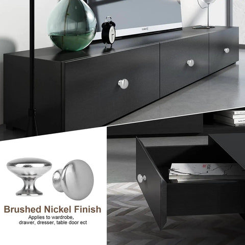 Slick Satin Brushed Nickel Round Mushroom Cabinet Knobs Set 30mm Drawer Pull Handles For Kitchen Cupboards Wardrobe Dressers Doors Bathroom Furniture Hardware installed on black cabinet