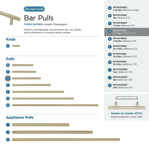 10 Pack Golden Champagne Bar Pulls For Kitchen Cabinets And Furniture Drawers Feature A Precise 5 Inch Hole Center Spacing With A Sleek Contemporary Profile That Brings Top Shelf Vibes To Any Room While The Warm Gold Finish Makes These Drawer Pulls A diagram of various golden champagne bar pulls with specifications.