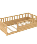 Twin Floor Bed With High Safety Fence, Solid Pine Wood Montessori Toddler Sleep Platform, Natural Finish Wooden Frame, side view