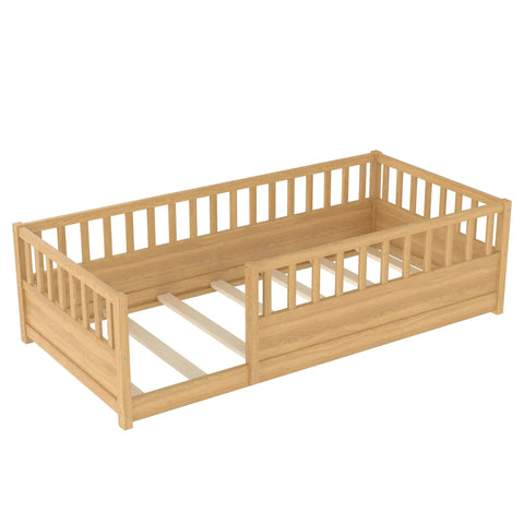 Twin Floor Bed With High Safety Fence, Solid Pine Wood Montessori Toddler Sleep Platform, Natural Finish Wooden Frame, side view