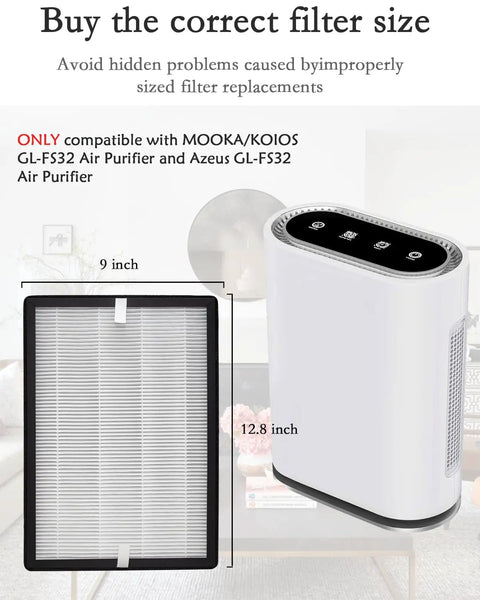 2-Pack GL-FS32 Replacement Filter displayed next to compatible air purifier, showing dimensions for MOOKA/KOIOS and Azeus models.