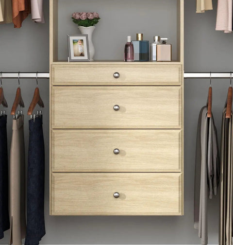 Wall Mounted Closet Organizer With Deep Shelves And Drawers Heavy Duty Laminated Wood Wardrobe System For Sweaters And Coats with drawers.