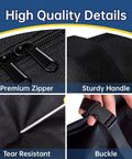 Close-up of Heavy-Duty Large Tent Pole Storage Bag with premium zipper, sturdy handle, tear-resistant fabric, and buckle.