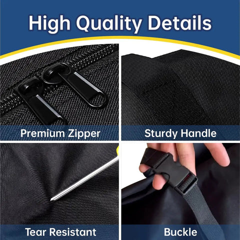 Close-up of Heavy-Duty Large Tent Pole Storage Bag with premium zipper, sturdy handle, tear-resistant fabric, and buckle.