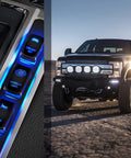 Blue 5 Pin SPST Rocker Switch For Underglow LED Lights 20A At 12V 10A At 24V Laser On Off Includes Jumper Wires No Fuss Install For Cars Trucks RVs Brighter Soft Illumination blue-lit switches in a truck dash and off-road truck