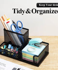 Mesh Pen Holder Desk Organizer With Three Compartments Metal Office Supply Organizer for pens, pencils, scissors, sticky notes.