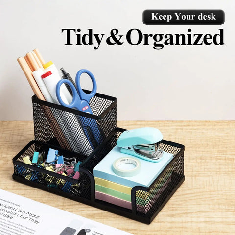 Mesh Pen Holder Desk Organizer With Three Compartments Metal Office Supply Organizer for pens, pencils, scissors, sticky notes.