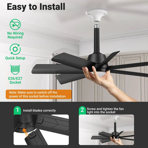 Two In One Socket Fan Light With Remote, 28 Inch Ceiling Fan Delivers 4000 Lumens, 3000K To 6500K Color Temperature, Three Color Options, Six Speeds, Fits E26 And E27 Bases, Screw In Ceiling Fan For Living Room And Kitchen, Black installed view