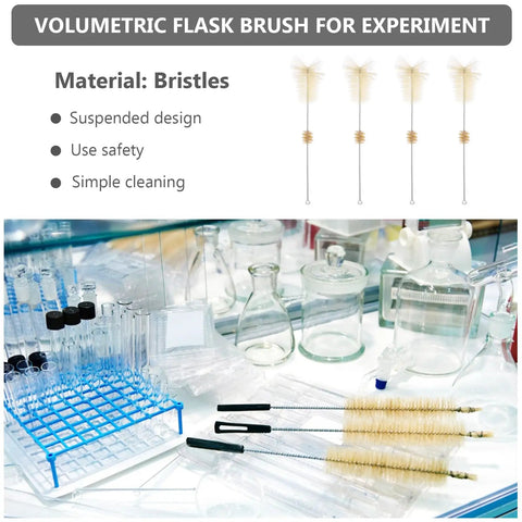 4 Piece Lab Flask Brush Set for 250ml Volumetric Flasks in a chemistry lab setting with glass tubes and beakers.