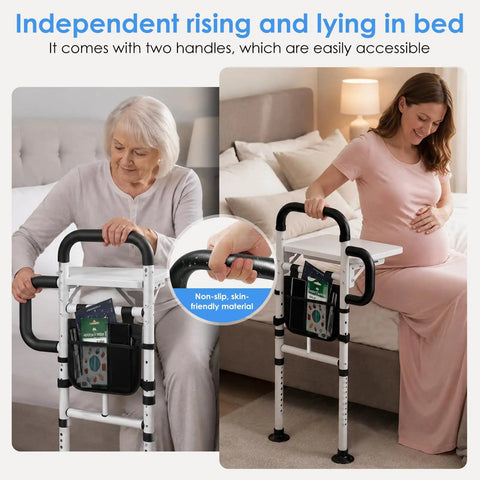 Heavy Duty Bed Rail For Elderly Safety With Dual Handles, Adjustable To 600 Lbs, Non Slip Waterproof Foam Grip shown on bed