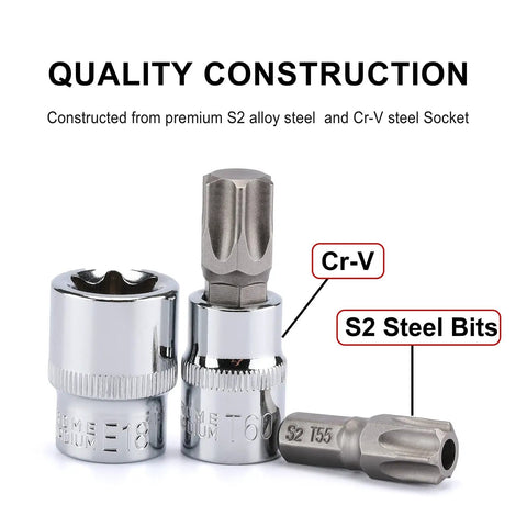 Close-up of 34 Piece Torx Bit Socket Set With E-Torx Sockets Three Eighths Inch Drive CR-V And S2 Steel T10 To T60 TT10-TT55 Tamper Proof
