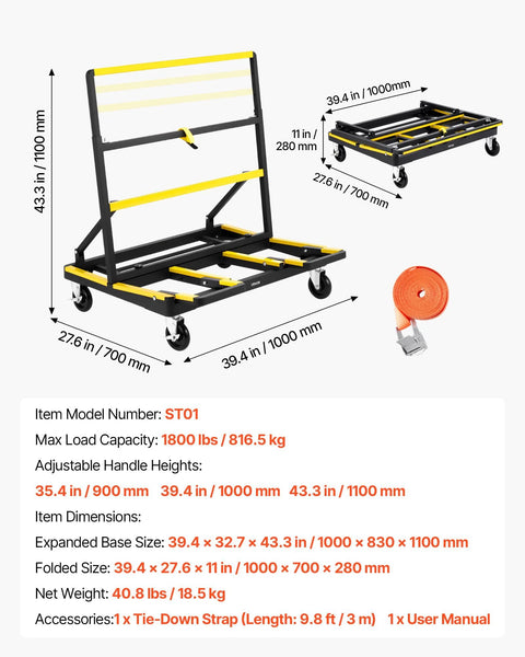 Diagram of Drywall Cart Dolly with 1800 lb load capacity, expandable deck, and tie down strap. Steel panel dolly on swivel casters.