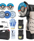 ZFULVO cordless brush angle grinder kit with two 16.8V 2000mAh batteries and five discs, gloves, charger, case