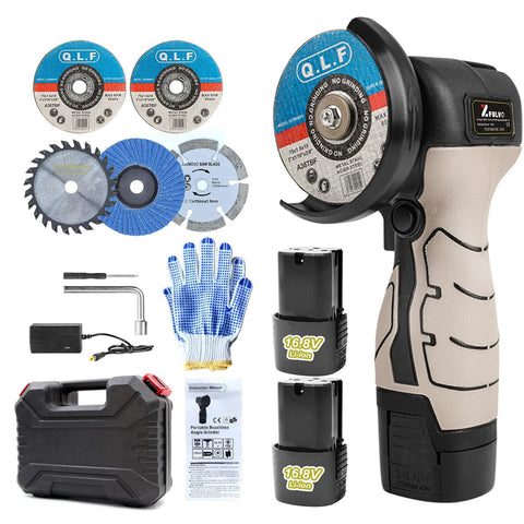 ZFULVO cordless brush angle grinder kit with 2x16.8V batteries, 5 discs, gloves, case (front view)