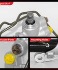 Hydraulic Power Steering Rack And Pinion Assembly For Nissan Altima 2013 Through 2018, input shaft, pressure ports, mounting holes detail
