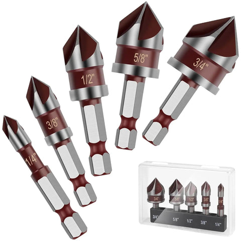 Five Piece Countersink Drill Bit Set With 82 Degree Tips And A One Quarter Inch Hex Shank For Wood Metal And Plastic Includes Sizes One Quarter, Three Eighths, One Half, Five Eighths, And Three Quarters Inch Handy For Precision Woodworking shown in a transparent case.