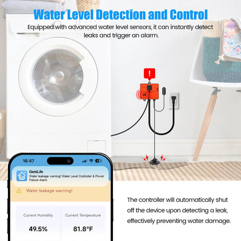 WiFi Power Failure And Water Leak Alarm With Auto Shutoff installed in laundry room, showing app alert on smartphone screen.