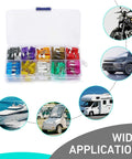 Top Shelf Automotive Mini Blade Fuses Assortment 120 Pieces Features 2A To 35A Ratings in clear storage box for RV, car, and truck use.