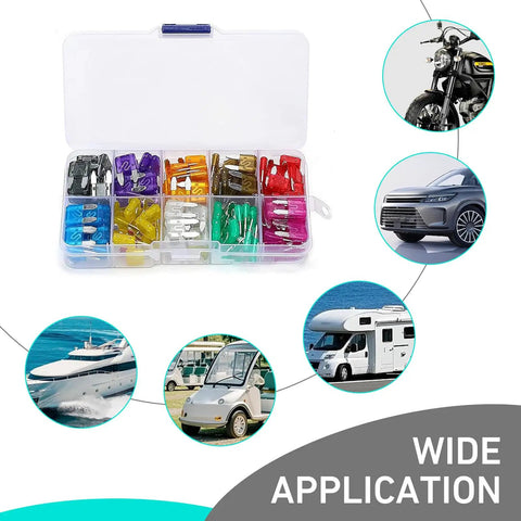 Top Shelf Automotive Mini Blade Fuses Assortment 120 Pieces Features 2A To 35A Ratings in clear storage box for RV, car, and truck use.