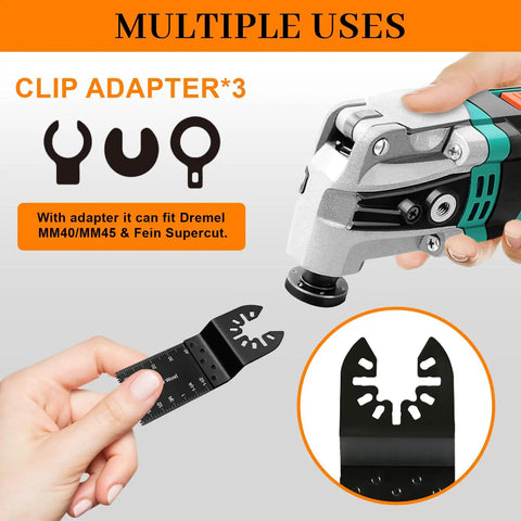 Heavy Duty 50 Pack Oscillating Tool Blades Set, Universal Titanium Multitool Blades For Metal, Nails, Wood And Plastic shown with adapter